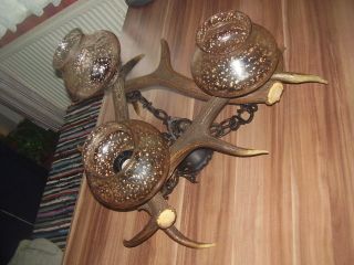 Alte Geweihlampe,  3 - Flammig,  Lampe,  Geweih,  Hirschgeweih,  Abwurfstangen Aus Nachlass Bild