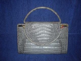 Grosse Elegante Zeitlose Handtasche,  Echtes Leder,  Grau,  2 Henkel,  70er Jahre Bild