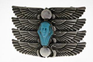 Antike Ägyptische GÜrtelschnalle Mit TÜrkisen Pharaonen Kopf - Neusilber Um 1880 Bild