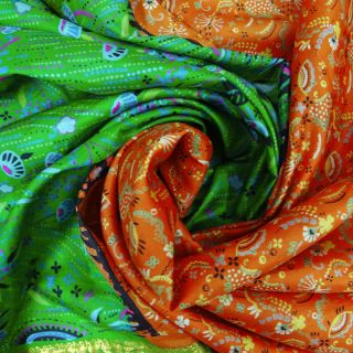 Weinlese 100 Reine Seide Indien Saree Stoff Craft Deco Floral Printed Sari Oran Bild
