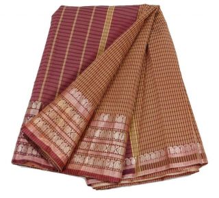 Weinlese Saree Baumwollmischung Striped Printed Indien Sari Stoff Maroon Kunstha Bild