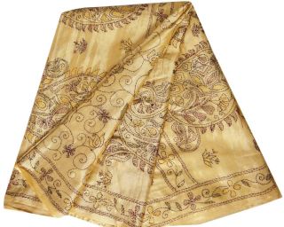 Vintage India Art Silk Saree Stoff Handwerk Deco Kantha Gestickte Sari Beige 5yd Bild