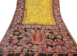 Vintage India 100 Pure Silk Saree Fabric Batik Printed Sari Yellow Deco Dress Bild