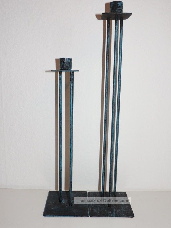2 Handgefertigte Kerzenständer Aus Metall,  Blau Gebürstet,  Unbed.  Lesen,  Top Gefertigt nach 1945 Bild