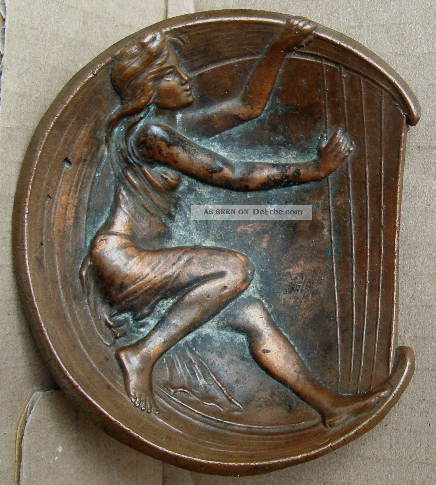 Kleiner Jugendstil Visitenkartenteller,  Motiv Harfenspielerin Um 1910 Bronze Bild