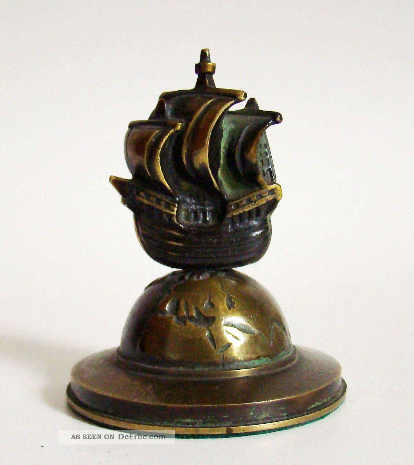 Antik Bronze Paperweight Santa Maria Segelschiff Auf Globus Rärität Bronze Bild