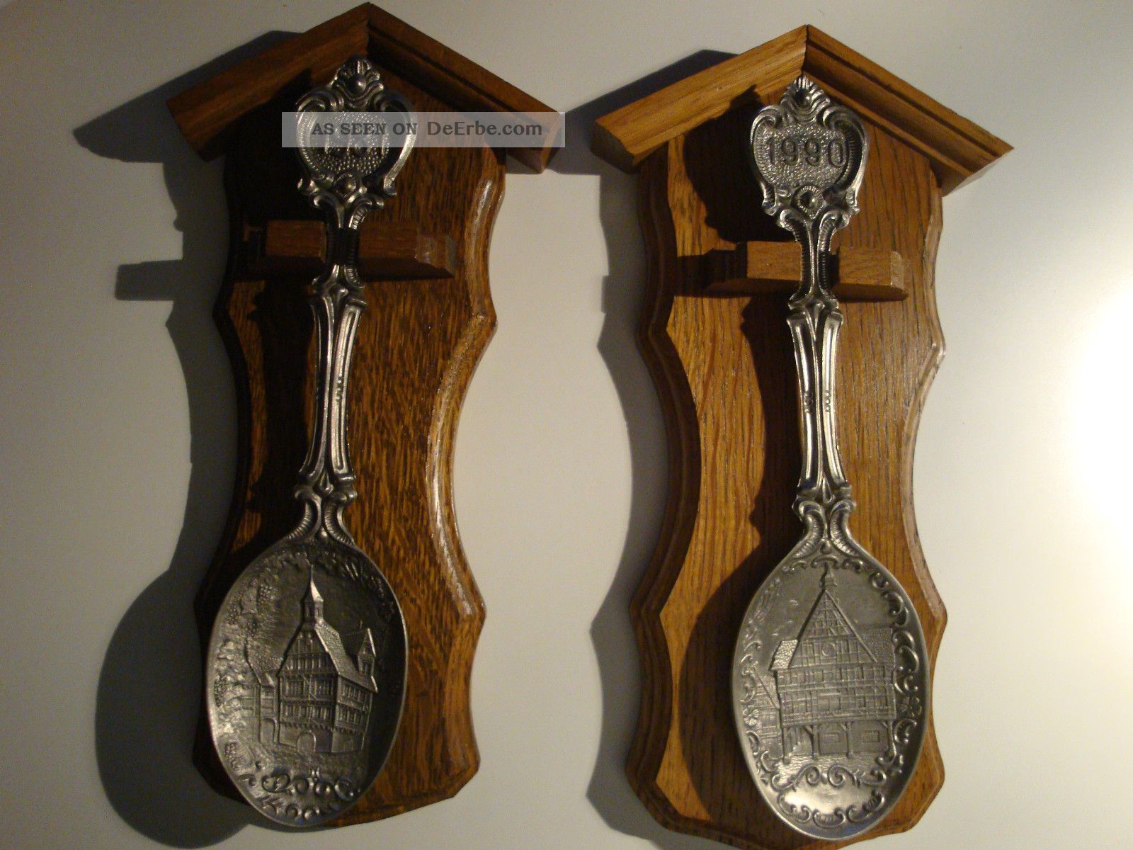 2 Jahreslöffel Aus Zinn, 1981 & 1990, Frieling Germany, Eiche Rustikal