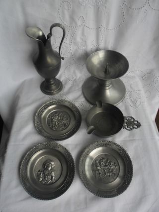Kleine Zinnsammlung - Teller - Kanne - Kerzenständer - Aschenbecher - 1778gr. Bild
