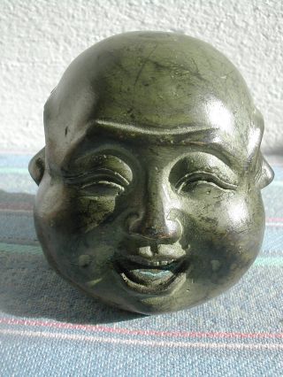 Schwerer Alter Bronze Buddha Kopf Mit 4 Gesichter Und Signatur Briefbeschwerer Bild