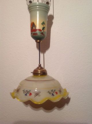 Alte HÄngelampe Mit Porzellanzug Und Glasschirm Um 1910 Bild