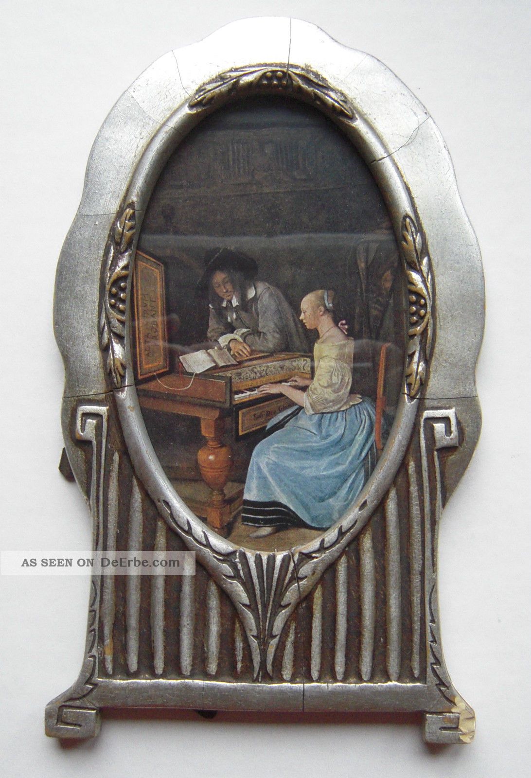 Seltener Bilderrahmen Oval,  Holz Silbern Bemalt,  Biedermeier ? 12 X 20 Cm,  Alt Rahmen Bild