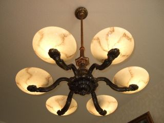 Riesige Alte Antike Messing Deckenlampe Marmorierte Schalen Jugendstil Art Deco Bild
