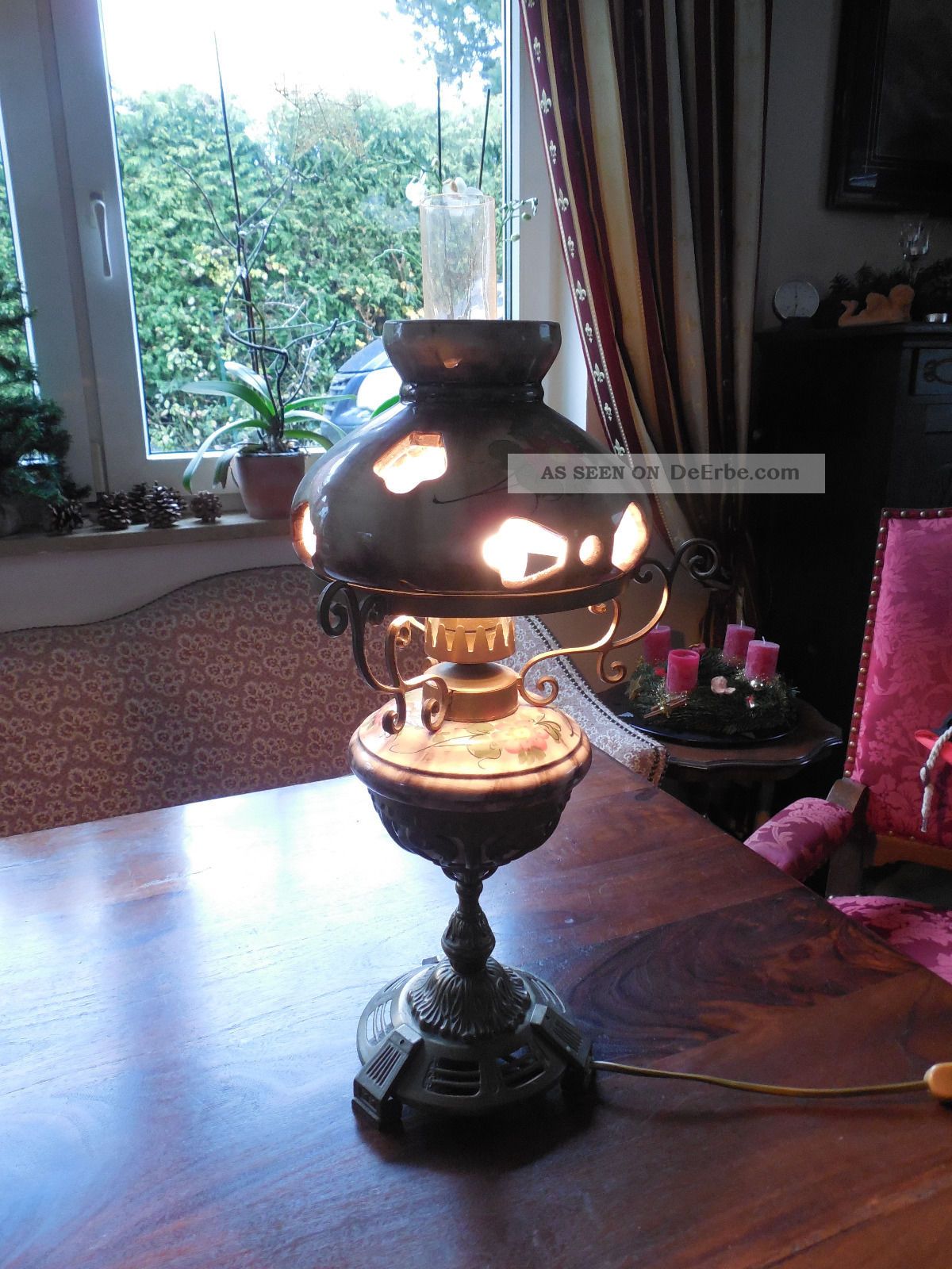 Große Alte Tischlampe Stehlampe Petroleumlampe Messing Keramikschirm