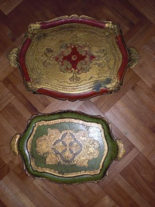 2 Alt Florentiner Tablett Aus Holz Grün Und Rot Bild