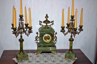 Kaminuhr & 2 Kandelaber (leuchter),  Grüner Gemaserter Marmor,  Bronze,  Mechanisch Bild
