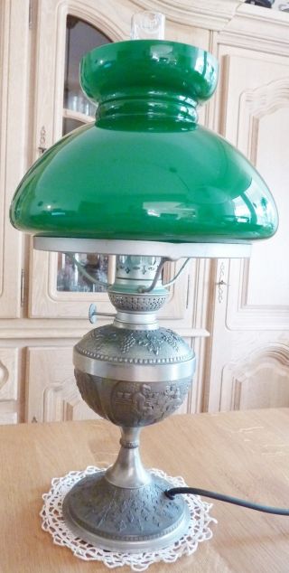 Tischlampe Im Petroleumlampen - Stil,  Zinn/zinnguss,  SmaragdgrÜner L - Schirm,  Glaszyl. Bild