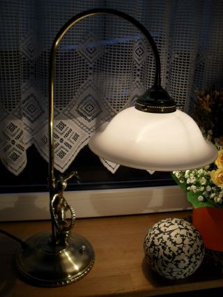 Seltene,  Figürliche Jugendstil Schreibtisch - Lampe,  Messing,  Glasschirm,  Um 1910 Bild