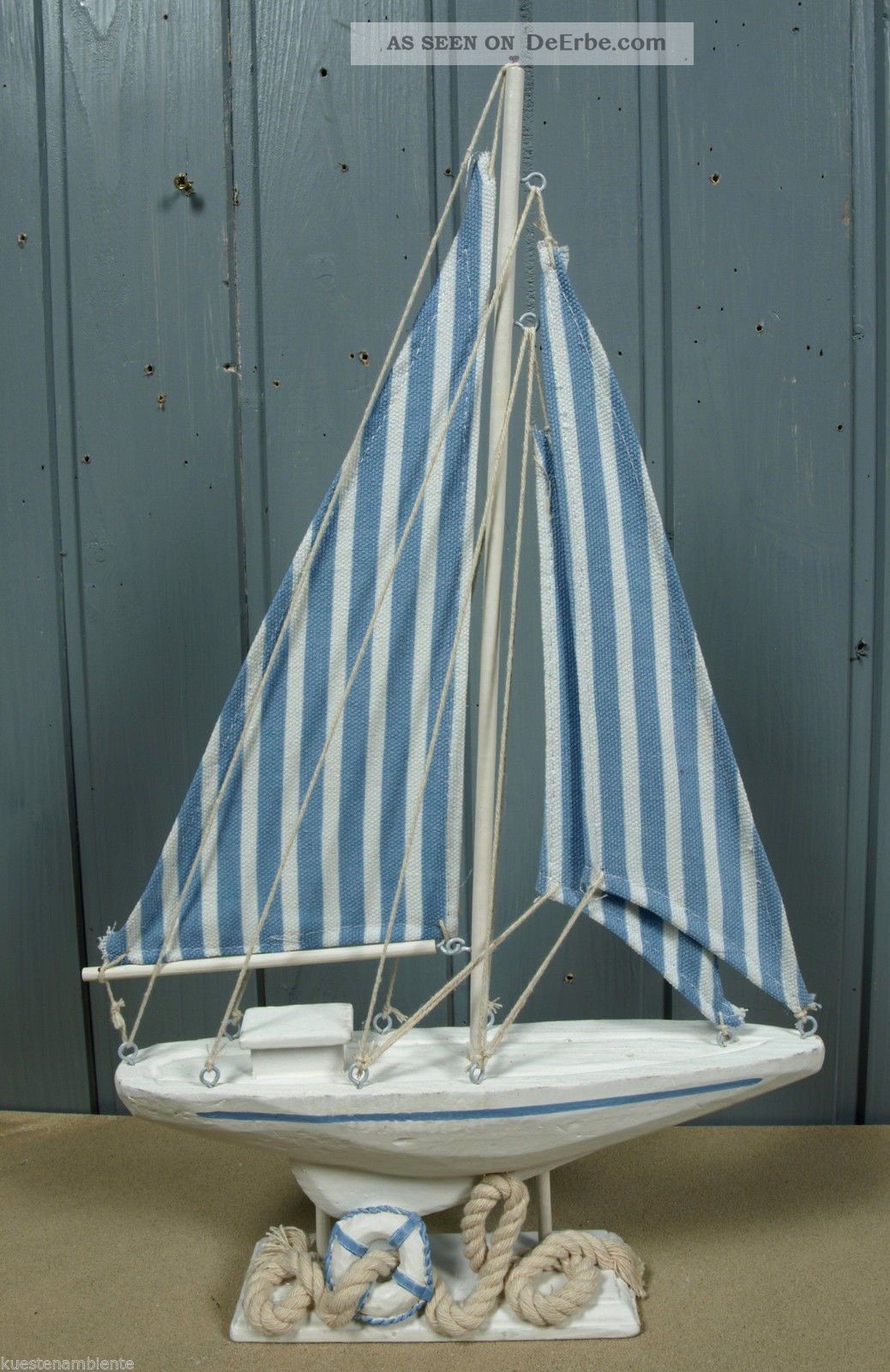Deko Segelboot blau-weiß gestreifte Textilsegel 21 cm 