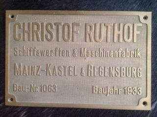 Orig. ,  Alte Schiffs Messing Plakette/schild 1933,  Christof Ruthof Schiffswerft Bild