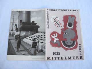 Alter Prospekt Norddeutscher Lloyd Bremen D.  Columbus 1933 Mittelmeer Fahrt Bild