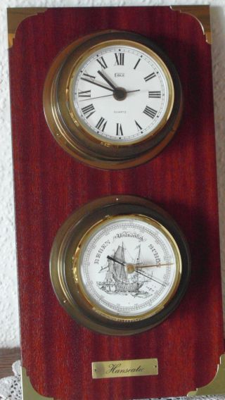 Eble Hanseatic Maritime Messing Quarz - Uhr Mit Barometer - Auf Massivem Holzbrett Bild