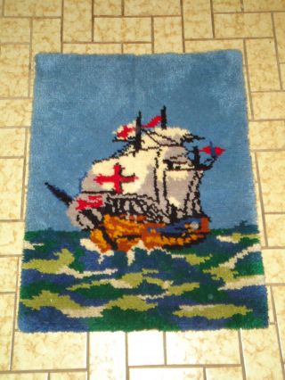 Wandteppich Teppich Schiff Piraten Maritim Meer Geknüpft 70er Jahre Handarbeit Bild