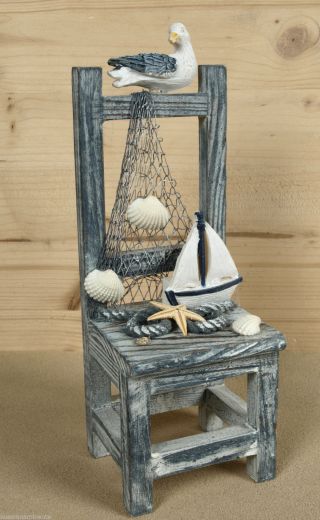 Mini Holz Stuhl Mit Möwe 22x7x7,  5cm Für Die Maritime Dekoration Bild