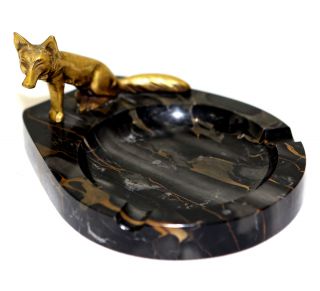 Antike Messing - Skulptur - Fuchs Auf Grau - Braunem Marmor - Aschenbecher Bild