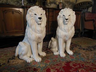 2 Löwenfiguren Weiße Keramik 83 Cm Hand Painted Made In Italy Bild