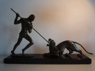 Art Deco Bronze Sculpture - Hunter With Panther - Signed P.  Berjean - 1930 Bild