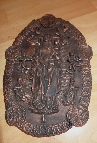 Großes Bronzerelief Madonna Maria Mit Kind Rosenkranz Bild