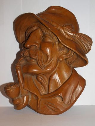 Holzfigur Geschnitzt Mann Mit Pfeife Alp - öhi Großvater Wandmaske Holz Bild