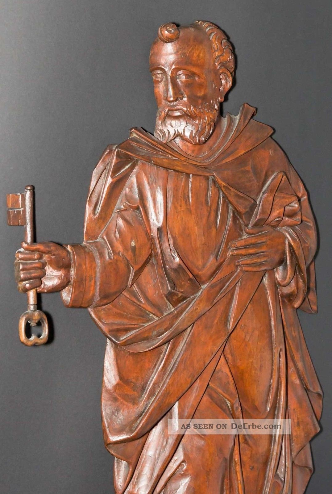 Antike Holz - Figur Hl. Petrus Mit Schlüssel Auf Geschnitztem Sockel