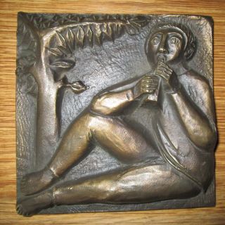 Bronzeplatte,  Relief Flötenspieler,  Wandplatte Mit Aufhänger 14 X 14 Cm Bild