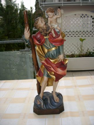 Grosse Holzfigur - Heiligenfigur - Hl.  Christophorus Mit Kind - Geschnitzt - Bunt - 42 Cm Bild