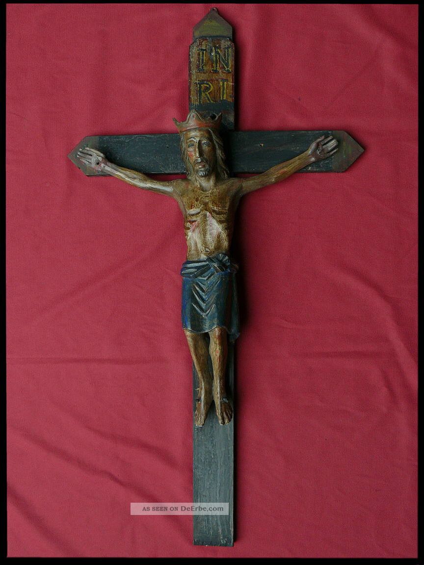 Korpus Kruzifix Romanisch 95cm Gross 16.  /17.  Jh Viernageltypus Holz RaritÄt Skulpturen & Kruzifixe Bild