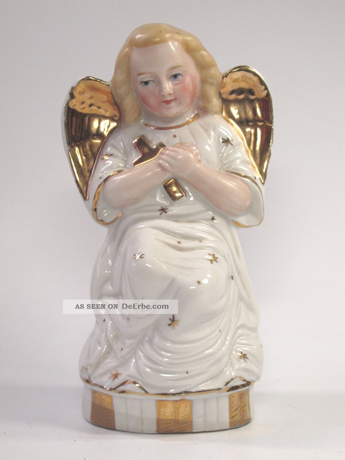 Alter Engel Aus Porzellan Um 1900 Weiss Gold Bemalung Mit Kreuz Altes Skulpturen & Kruzifixe Bild