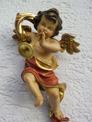Holz Engel Musiezierender Barock Geschnitzt Skulptur Geschnitzt Figur Posaune Bild