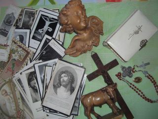 Religiöser Konvolut Heiligenbilder Gebetsbuch Rosenkranz Engel Krippefigur Kuh Bild