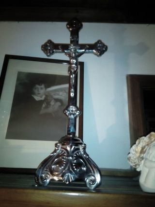 Edles Kruzifix Silbern 41,  5cm Auf Fuß Zum Stellen,  Jesus,  Erbstück,  Scheunenfund Bild
