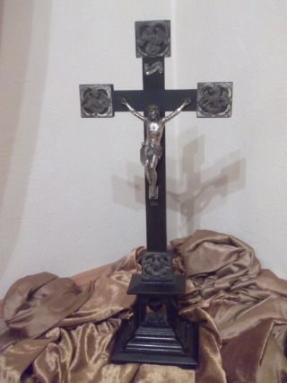 Antique German Standing Cross Crucifix Jesus Christ Silvered Spelter Circa 1900 Bild