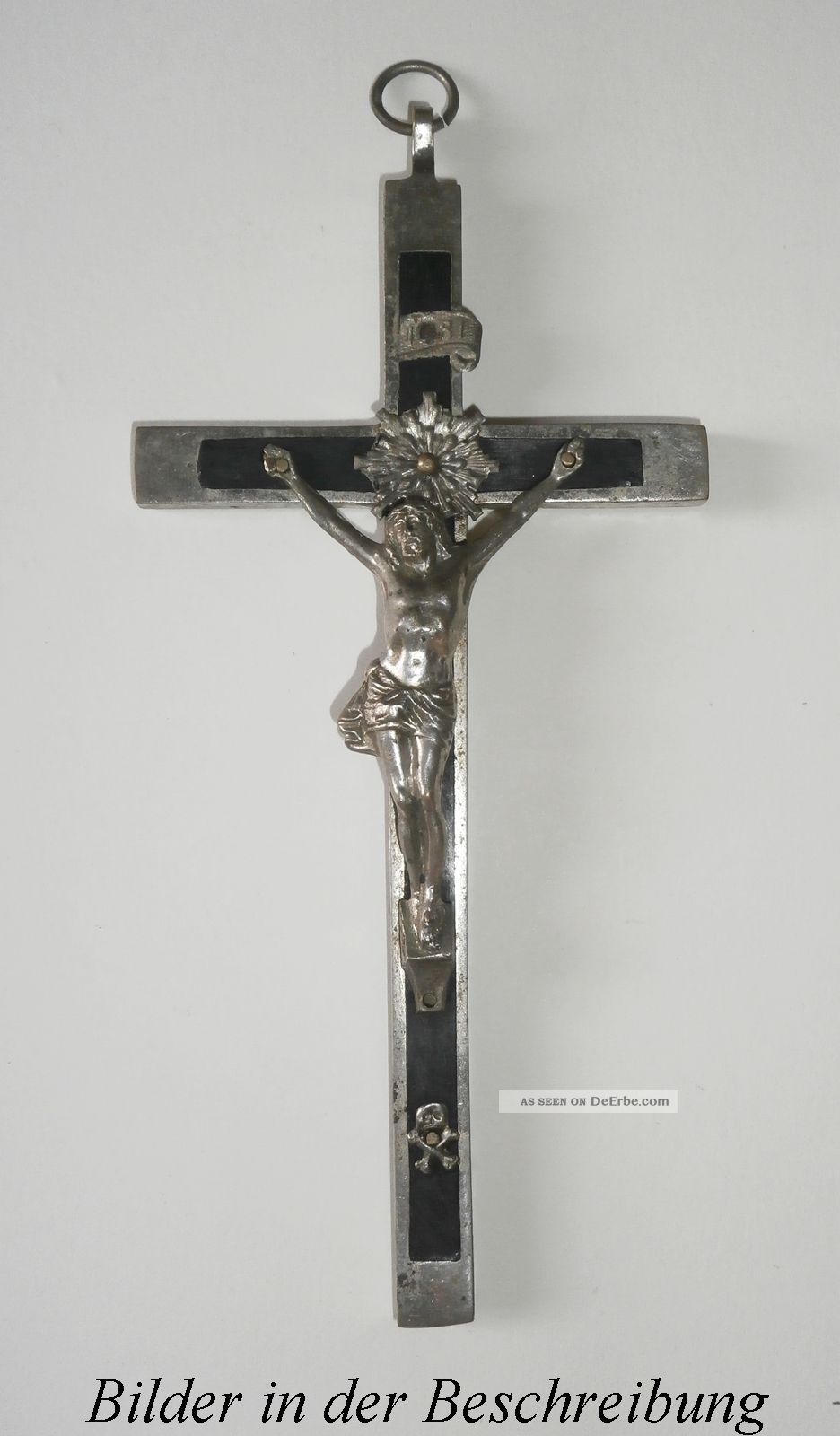 Antik Jesus Kreuz Kettenanhänger Anhänger Kruzifix 15 Cm.  Metall Schwarz Silber Skulpturen & Kruzifixe Bild