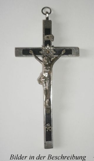 Antik Jesus Kreuz Kettenanhänger Anhänger Kruzifix 15 Cm.  Metall Schwarz Silber Bild