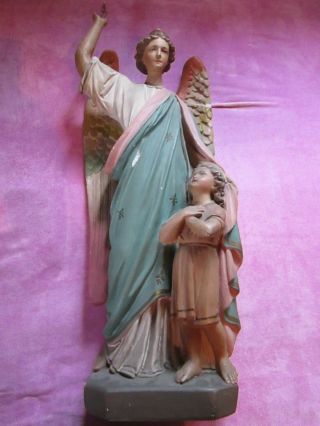 Sehr Alte Heiligenfigur Schutzengel Mit Kleinem Kind,  Gips Höhe Ca 60 Cm Bild