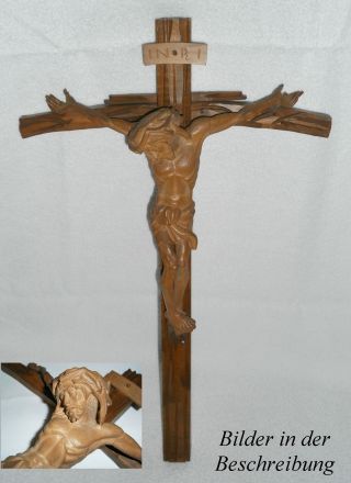 Antik Altes Kreuz Kruzifix Jesus Holz 46 Cm.  Aufwendig Handgeschnitzt Geschnitzt Bild