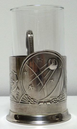 Antiker Russischer Teeglashalter 50iger Jahre Mit Sputnik,  Versilbert Punzierung Bild