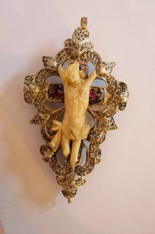 Biedermeier Kreuz Silber Filligrane Arbeit Holz Steine Korpus Christi In Auflage Bild