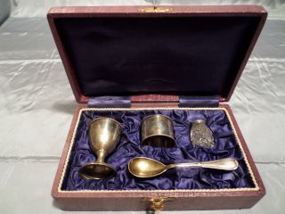 4 Teiliges - Antikes - Frühstücksgedeck In Schatulle - 800er Silber Bild