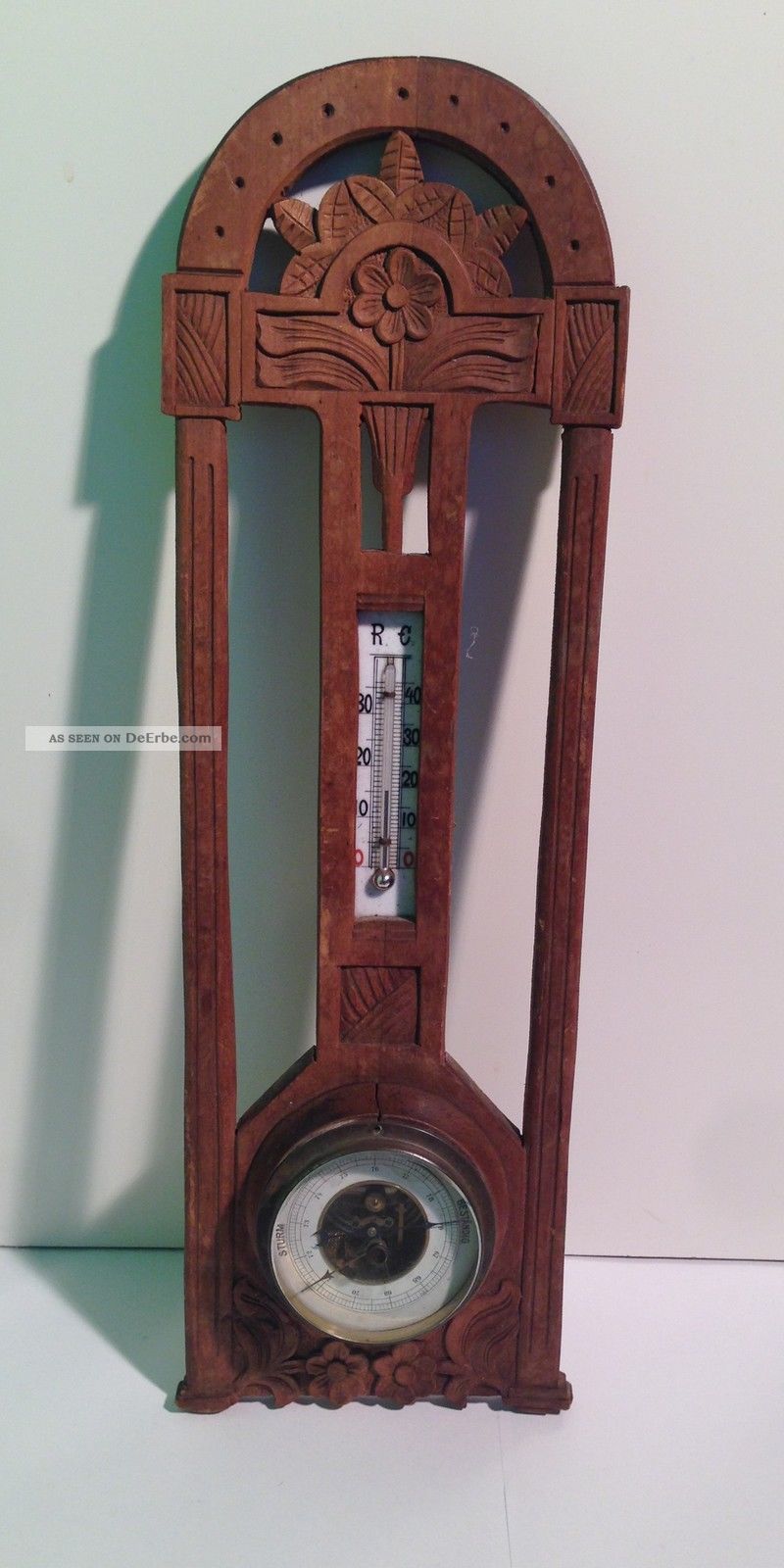 Antikes Barometer,  Jugendstil,  Nussbaum Floral Blumen Geschnitzt 1910 Wettergeräte Bild