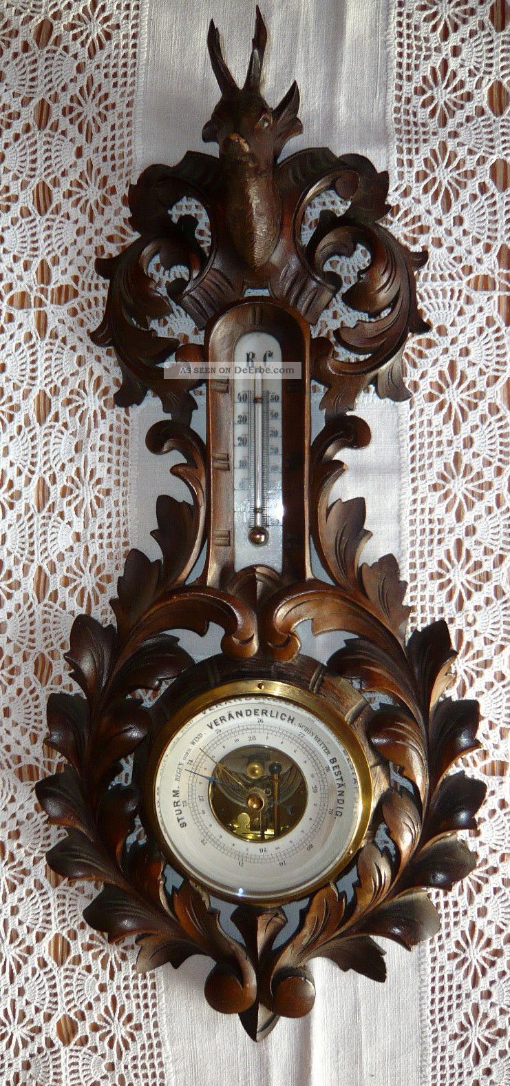 Antikes Barometer Mit Thermometer Aus Dunklem Holz - Um 1920 - Funktionstüchtig Wettergeräte Bild